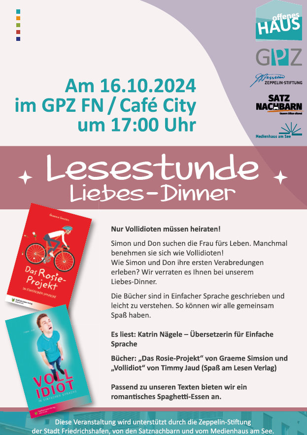 Flyer für das Lesedinner im GPZ am 16.10.2024 um 17.00 Uhr