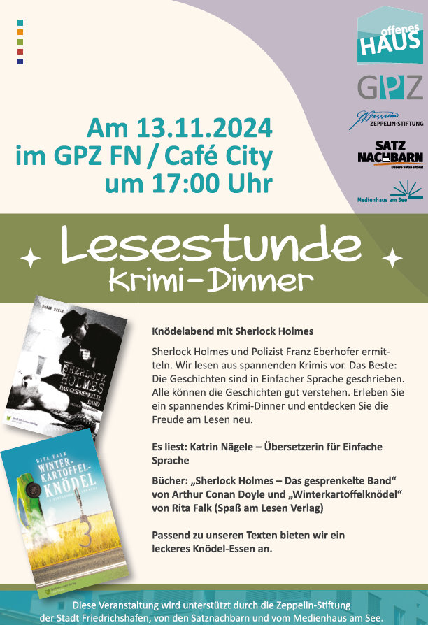 Flyer zum Lese-Dinner am 13.11. um 17.00 Uhr im GPZ in Friedrichshafen.