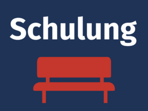 Dunkelblauer Hintergrund mit einer einfachen Darstellung einer Parkbank in Rot. Darüber das Wort “Schulung“.