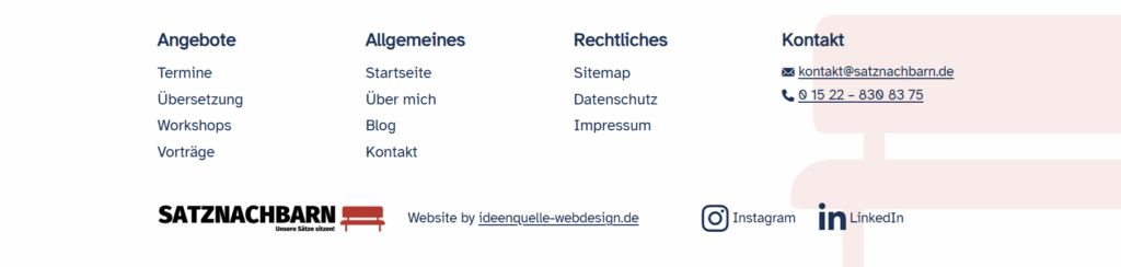 Footer der Webseite Satznachbarn. Mit folgenden Punkten: Rubrik Angebote mit Termine, Übersetzung, Workshop und Vorträge. Rubrik Allgemeines mit Startseite, Über mich, Blog und Kontakt, Rubrik Rechtliches mit Sitemap, Datenschutz, Impressum und Kontakt.