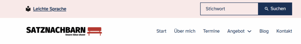 Menü der Webseite Satznachbarn. Zu sehen ist: Leichte Sprache, ein Suchfeld, das Logo, Start, Über mich, Termine, Angebot mit Drop Down Funktion, Blog und Kontakt.