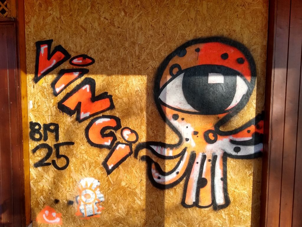 Graffiti auf einer Holzwand: Eine Art Krake mit riesigem Auge in orange. Daneben steht „Vinci“ und „819 25“.