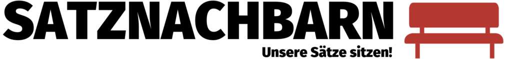 Logo Satznachbarn bestehend aus Schriftzug Satznachbarn in Großbuchstaben. Darunter in klein: Unsere Sätze sitzen! Rechts daneben eine rote Bank.