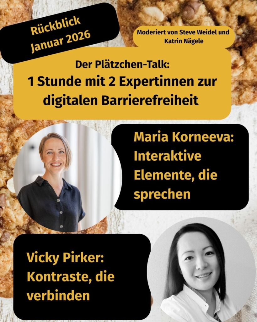 Rückblick auf den Plätzchen-Talk mit Vicky Pirker und Maria Korneeva. Vicky Thema: Kontraste, die verbinden. Marias Thema: Buttons, die sprechen.