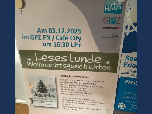 Plakat zur Lesung im GPZ am 3.12.2025 im GPZ: Weihnachtsgeschichten in Einfacher Sprache