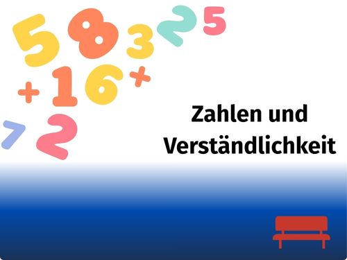 Bunte Zahlen purzeln über die Seite. Dazu der Text "Zahlen und Verständlichkeit". Rechts unten das rote Satzbanklogo - eine rote Bank.