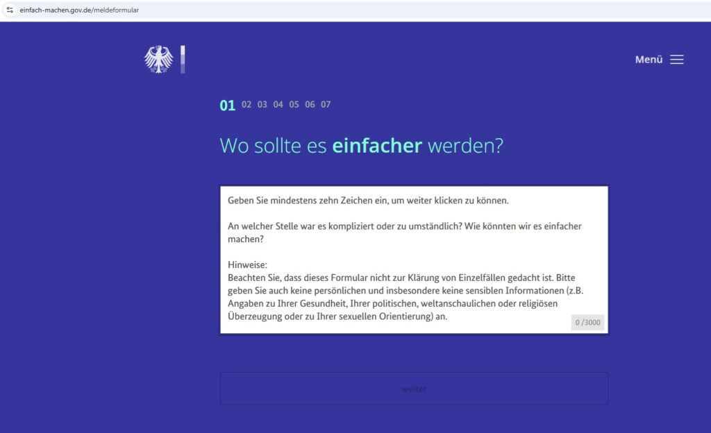 Meldeformular auf der Webseite von einfach-machen.gov. Der Absendebutton ist kaum sichtbar.