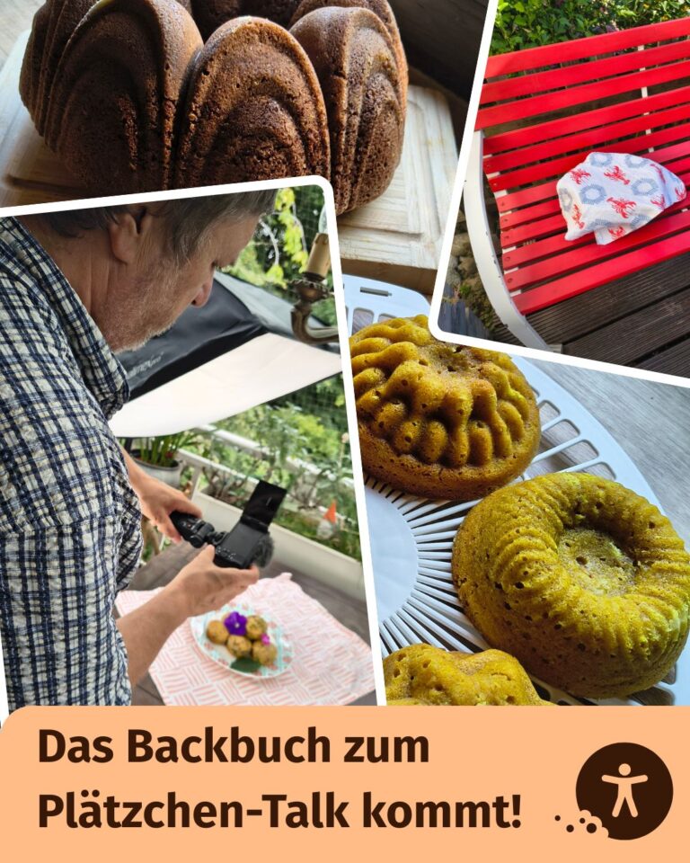 Fotocollage: - Abgedeckter, ruhender Hefeteig auf der Satzbank - Kleine und große Gugelhupfe auf einem Abkühlgitter - Fotograf Bernhard Rosa macht Fotos von Muffin von oben. Darunter der Text: Das Backbuch zum Plätzchen-Talk kommt!