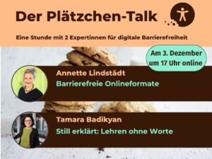 Plätzchen-Talk am 3. Dezember um 17 Uhr mit Annette Lindstädt und Tamara Badikyan