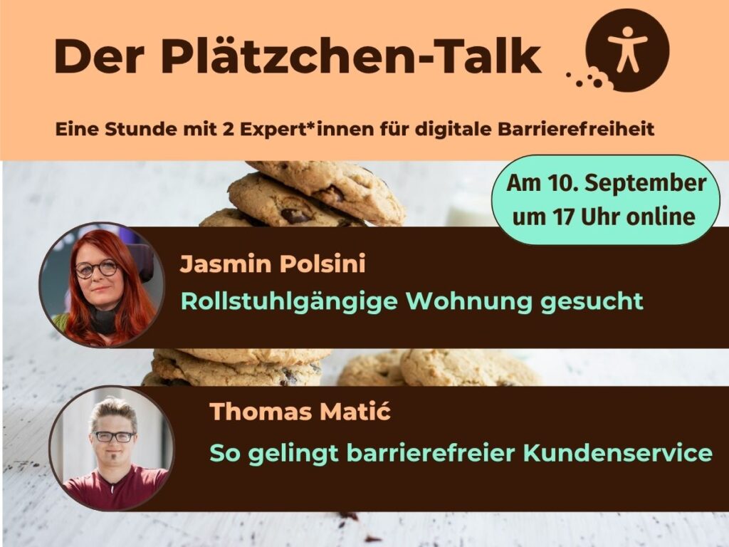 Terminbild Plätzchen-Talk am 10. September um 17 Uhr mit Jasmin Polsini und Thomas Matić.