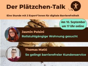 Terminbild Plätzchen-Talk am 10. September um 17 Uhr mit Jasmin Polsini und Thomas Matić.